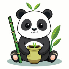A cute baby panda sits holding a bamboo stalk and a pot filled with bamboo shoots with white background © Md. Habibur