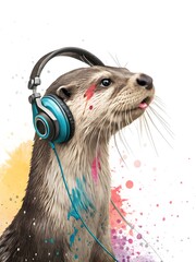A whimsical otter with turquoise headphones, adorned with colorful paint splatters and a playful tongue
