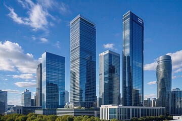 Fototapeta premium Contemporary Skyscrapers and Business Architecture Against Clear Blue Skies