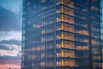 Fototapeta premium Impressive Commercial Tower with Glass Outer Layer and Interior Glow in Close View