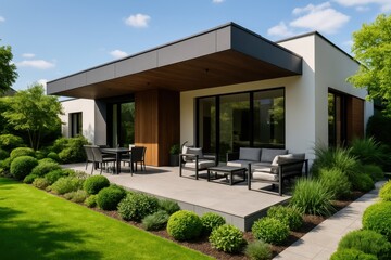 Fototapeta premium Modern House with a Stylish Terrace and Lush Green Garden