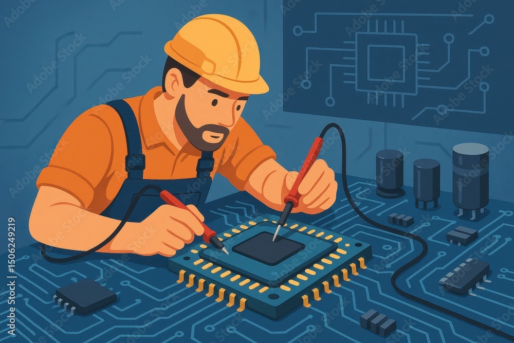 Aufkleber illustration of an engineer repairing a computer microprocessor