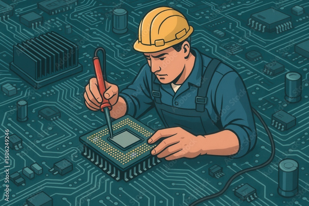 Poster illustration of an engineer repairing a computer microprocessor