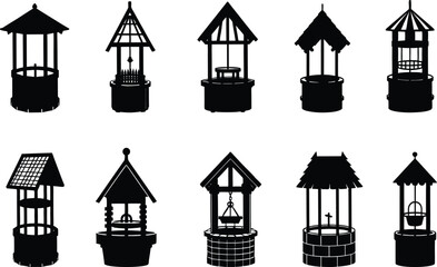 Fototapeta premium wishing well art illustration, wishing well silhouette bundle vector.