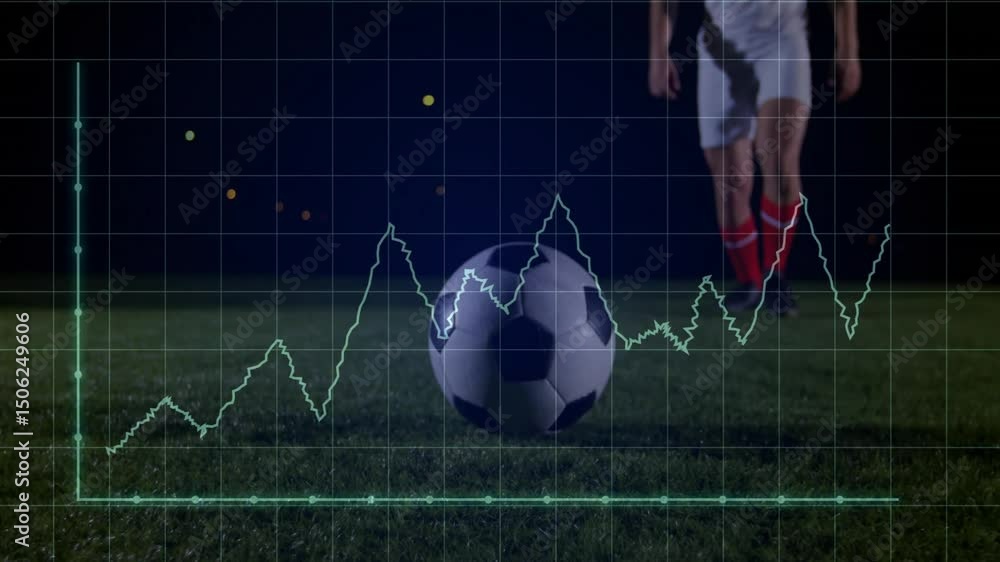 Poster soccer player approaching ball with grid as animated line graph peaking and kicking for analytics