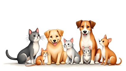 A cartoon illustration of a group of cats and dogs sitting together on a white background smiling