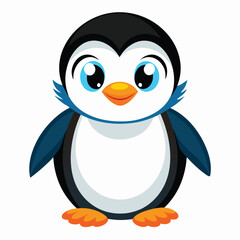 Obraz premium A fluffy baby penguin with bright blue eyes and orange feet stands looking forward with white background