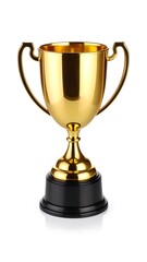 Golden trophy isolated on white background with symbol of success and achievement.