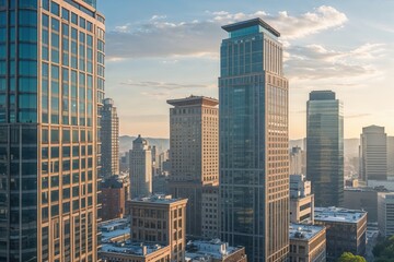 Fototapeta premium Scenic Overlook of Eye-Catching Office Buildings Amidst Fresh Skies and Bustling Urban Life