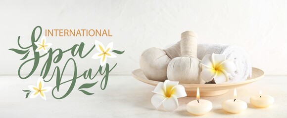 Herbal bags, candles and flowers on light background. Banner for International Spa Day