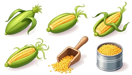 Illustration of corn in various stages of preparation with scoop and can on a white background