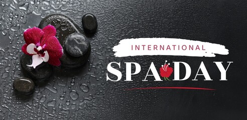 Stones and orchid flower on dark background. Banner for International Spa Day