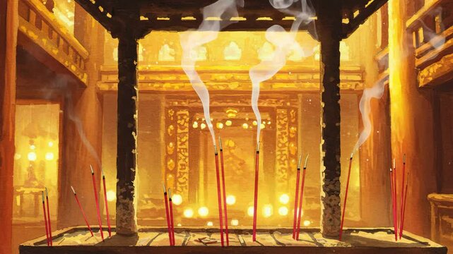 Red incense sticks emit plumes of smoke within the warm light and ornate interior a temple, evoking sense peace reverence.watercolor