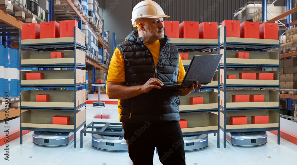 Poster warehouse manager in a hard hat monitors robotic shelves using a laptop in an automated storage faci