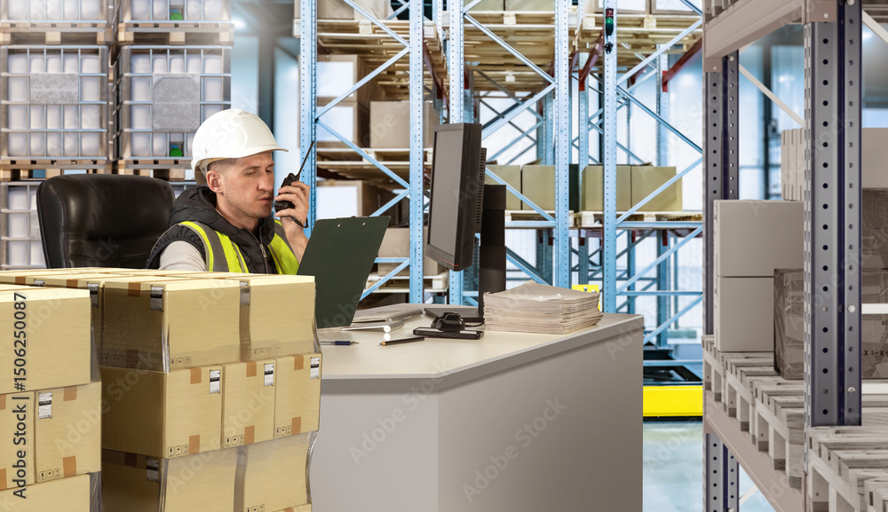 Poster warehouse supervisor at desk with computer and clipboard manages inventory and coordinates logistics