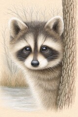 Obraz premium Young Raccoon Portrait Near Water, Soft Light, Neutral Colors