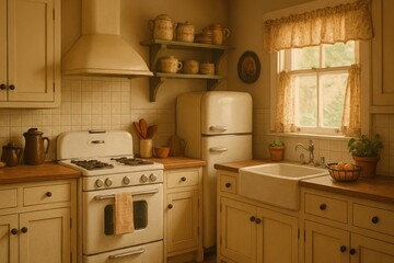 Fototapeta premium Charming Vintage Style Kitchen Interior with Classic Appliances and Decor