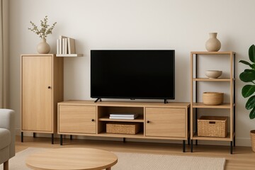 TV Cabinet and Storage Space in a Living Room with a White Wall