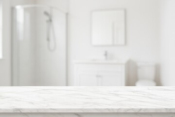 White Bathroom Interior, Empty Marble Table Top for Product Display