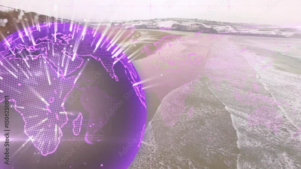 Poster emerging purple globe rotating and tracing links to visualize data then dissolving into shoreline