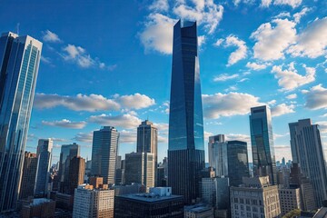 Obraz premium Stunning Cityscape of Business Towers Against a Bright Blue Sky