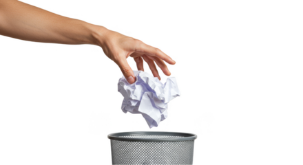 Hand Throwing Away Crumpled White Paper Into Trash Bin On Black Background