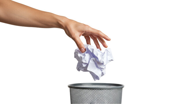 Hand Throwing Away Crumpled White Paper Into Trash Bin On Black Background