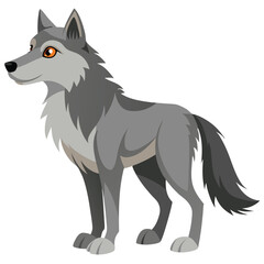 A gray and tan wolf with alert eyes stands in profile, looking over its shoulder against a white background.
