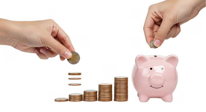 Hands Putting Coins into Piggy Bank Financial Investment Photo - Powered by Adobe