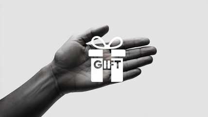Fototapeta premium A grayscale image showing a hand presenting a white gift box icon with the word gift on it