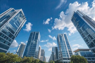 Obraz premium Modern Office Buildings Under a Blue Sky in a Business District