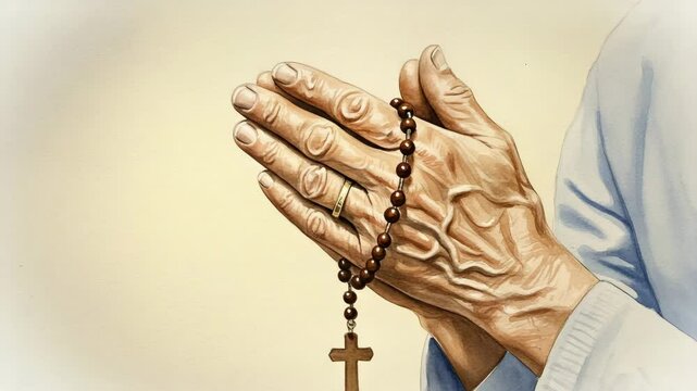 Watercolor depiction shows elderly hands clasped in prayer while holding a rosary featuring wooden cross.watercolor, copy space