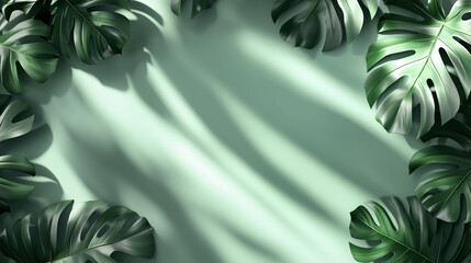 Monstera leaves frame on mint background with shadows and lighting. Design mockup for slide, theme, wallpaper, background