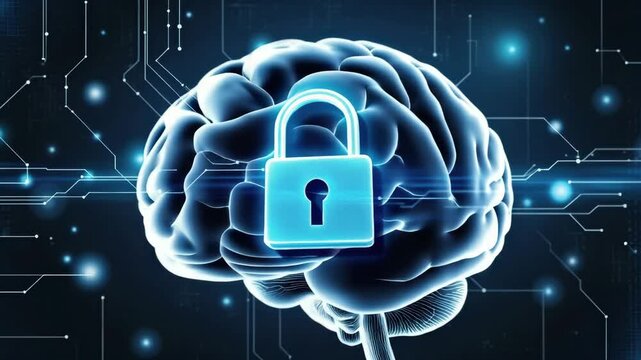 Digital brain with a lock symbolizing cybersecurity and protection.