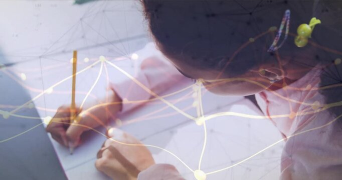 Female student placing pencil on paper and sketching shapes in education, animated network pulsing