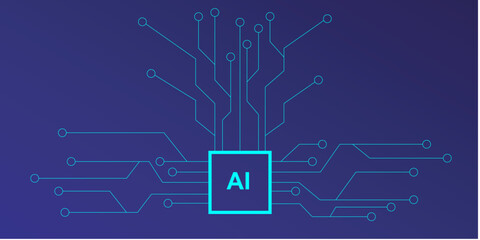 Abstract circuit board Artificial Intelligence technology background. Blueprint motherboard and processor AI and lines. Vector illustration.