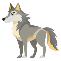 A gray and tan wolf with alert eyes stands in profile, looking over its shoulder against a white background.