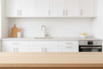Modern White Kitchen Scene Empty Light Wooden Table Top Perfect for Product Display Mockup Bright Interior with Clean Background Advertising Template