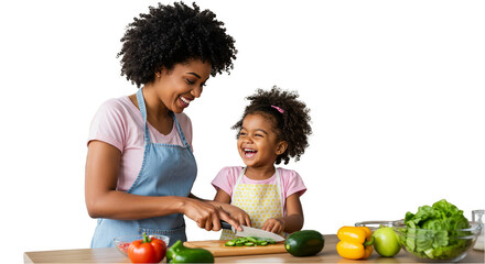 Happy Mother And Daughter Cooking Vegetables In A Bright Kitchen Illustration