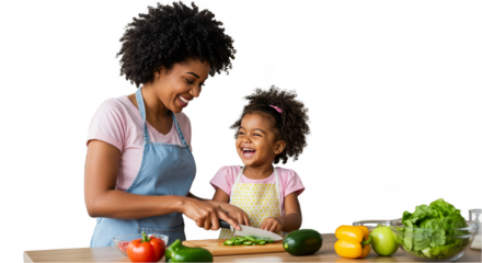 Happy Mother And Daughter Cooking Vegetables In A Bright Kitchen Illustration