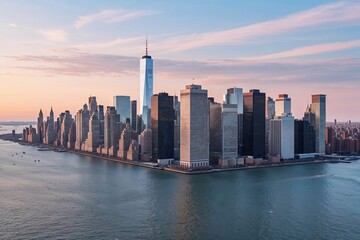 Naklejka premium Horizon Shot of Manhattan's Financial Skyline and Urban Architecture