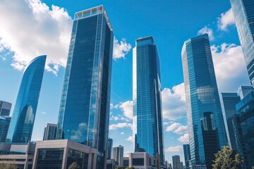 Fototapeta premium Imposing Skyscrapers Under Clear Blue Skies in Urban Business District