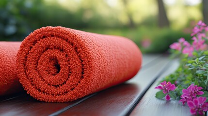 Rolled towels with garden, and relaxation.