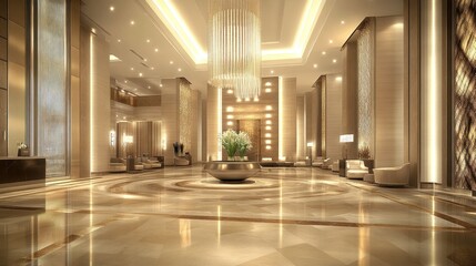 Elegant Hotel Lobby with Chandelier and Marble Floor Luxury Interior