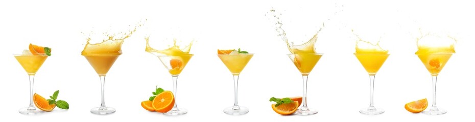 Set of tasty orange Margarita cocktail with splashes on white background