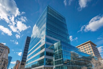 Obraz premium Stylish Office Building Under Blue Sky with Glass Enhancements Reflecting Financial Prosperity and Urban Atmosphere