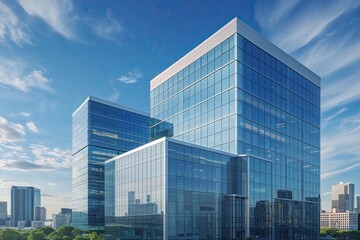 Obraz premium Futuristic Corporate Office Building with Glass Facades in Vibrant Downtown Under Clear Blue Sky