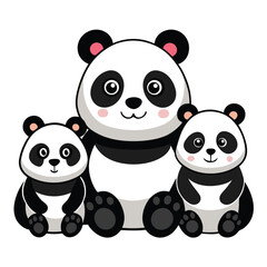 A heartwarming scene of three pandas of different sizes sitting together  a white background.