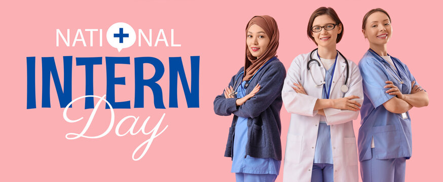 Female doctors smiling on pink background. International Nurses Day