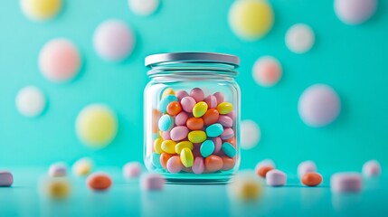 colorful candy in glass jar on turquoise background with scattered sweets and pastel colors

